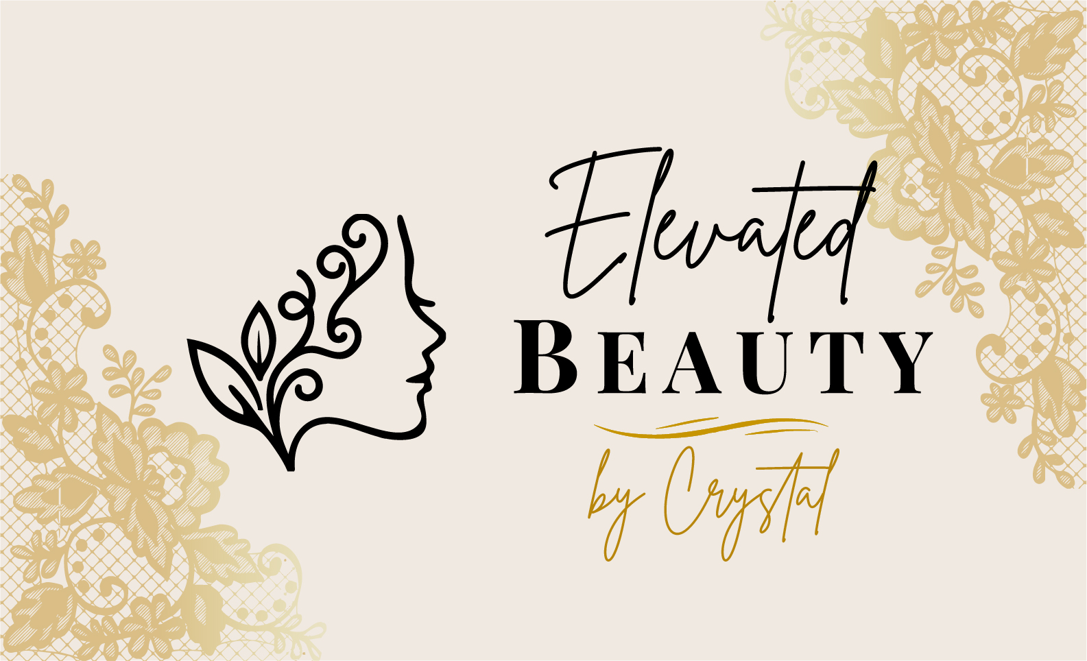 Elevated Beauty By Crystal logo with gold floral lace border